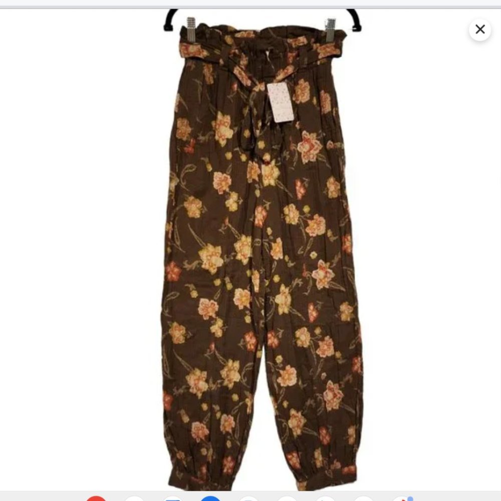 Free People In the Midnight Hour Paperbag Waist Cotton Gauze Floral Pants NWT M - Picture 2 of 10